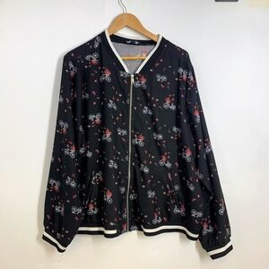 Torrid Womens Bomber Jacket Black Floral Bicycle Print‎ Full Zip Ribbed Size 3X